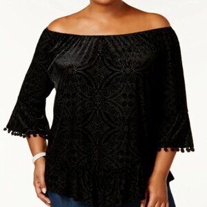 Style & Co Womens Blouse Velvet Off Shoulder Top 3/4 Trim Deep Black PP XS NWT